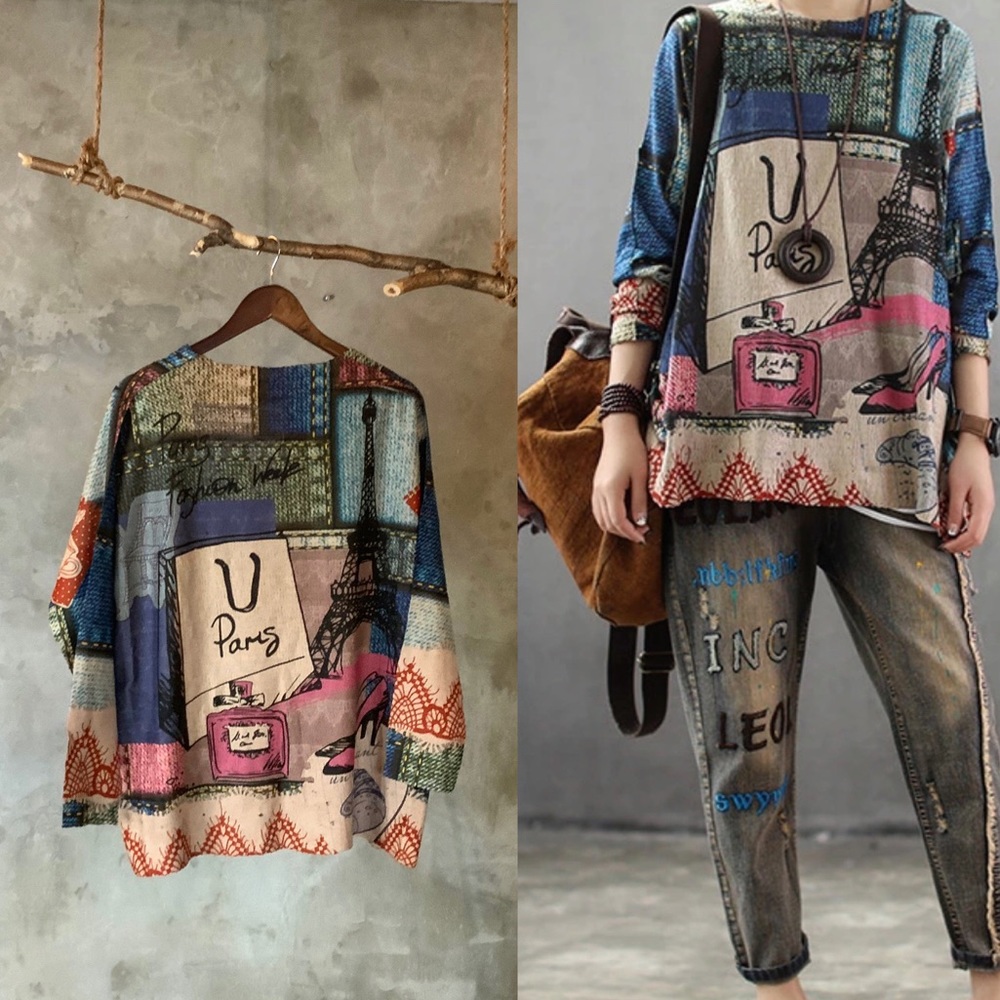 Oversized cotton knit Retro print Paris sweater